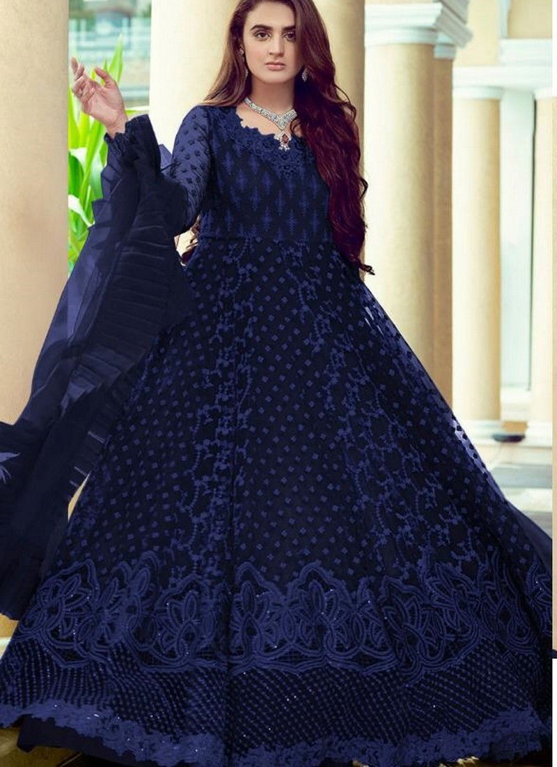 Navy Blue Colour Latest Fancy Wedding Wear Fancy Butterfly Net With Heavy Embroidery work Heavy Gown Collection R-256D
